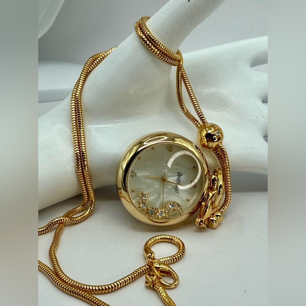 Deidre Hall Pocket Watch Necklace Crystal Accent Moon & Stars Charms MOP Face - Picture 6 of 17